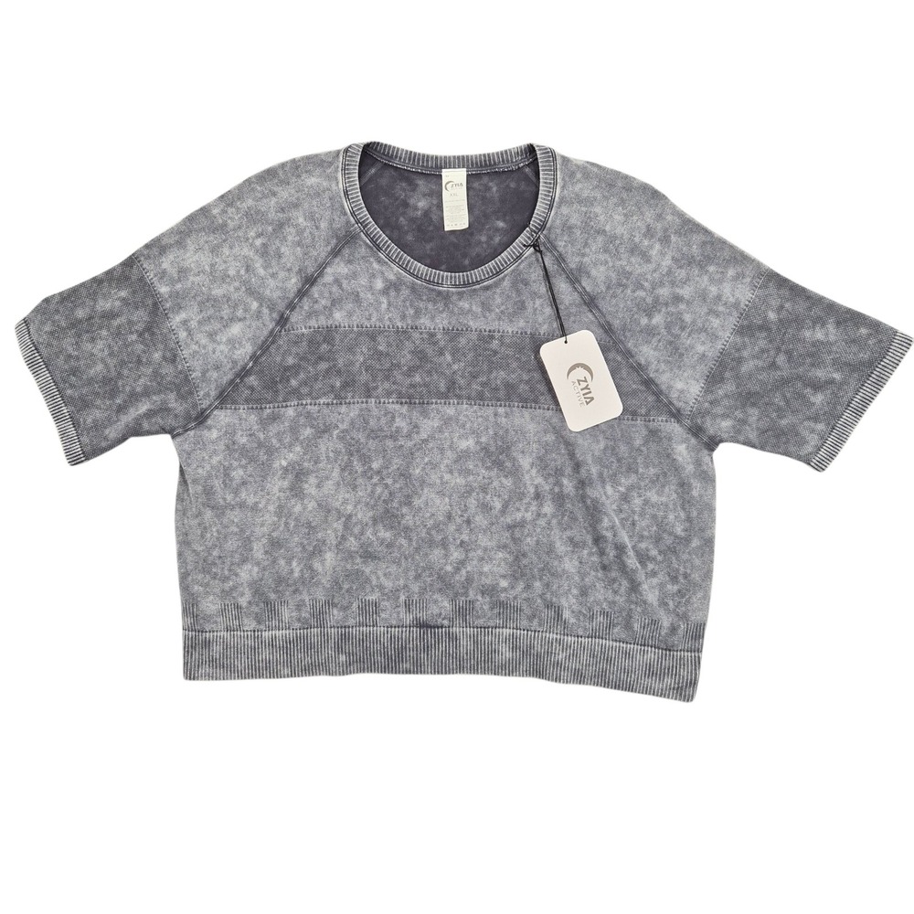 Zyia Active Gray Acid Wash Seamless Cropped Short‎ Sleeve Sweatshirt XXL NEW